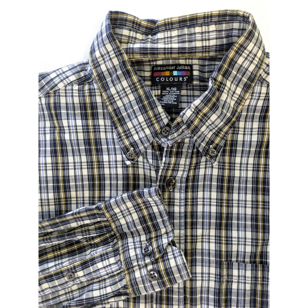 Alexander Julian Colours Mens XL Plaid Button Down Shirt Navy Blue Yellow Cotton